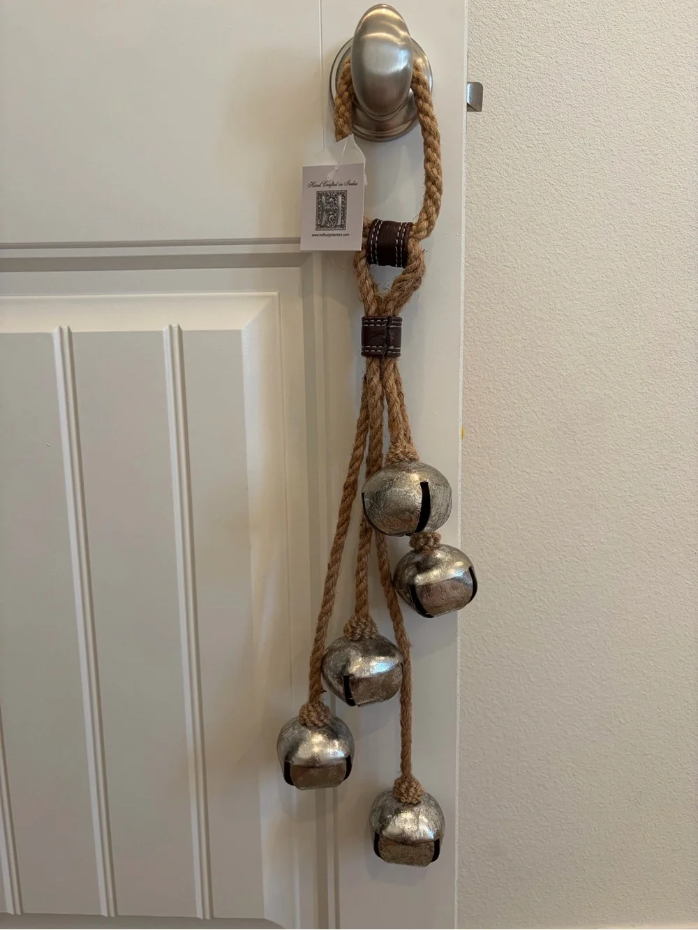Jute Rope Door Hanger w/ 5 Jingle Bells, Silver Finish 21”